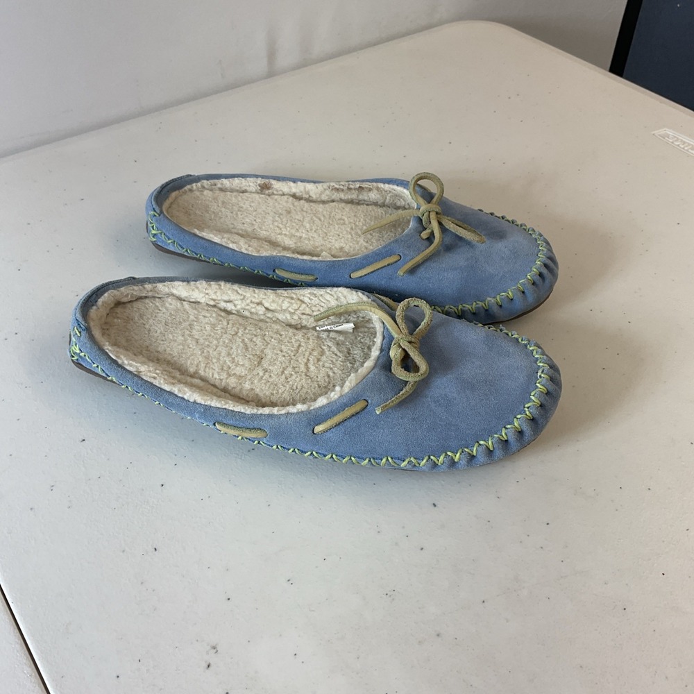 L.L. Bean Slippers Moccasin Suede Leather Sherpa Women Size 7 Low‎ Heel Blue